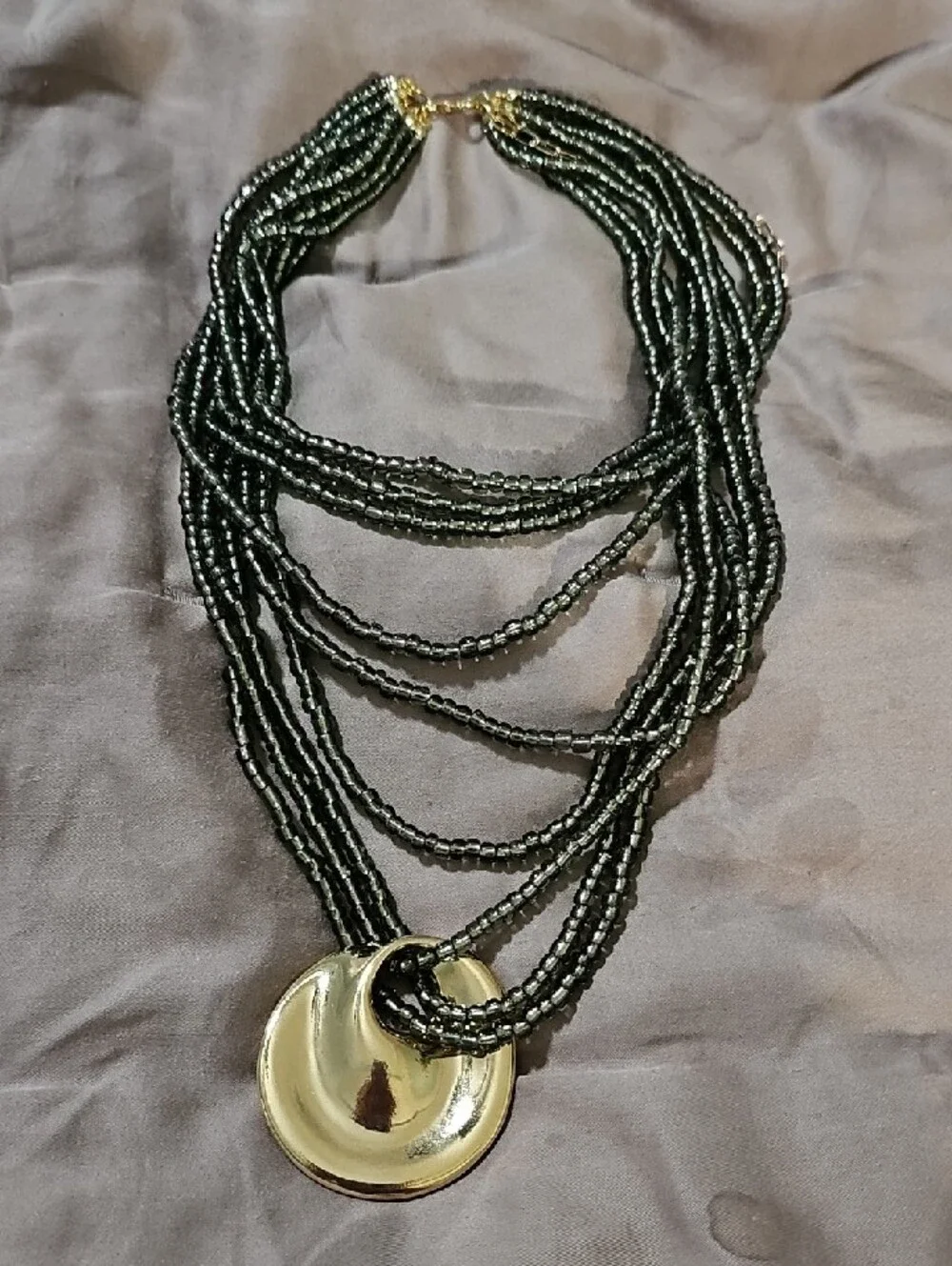 Free People Black Beaded Multi-Strand Necklace with‎ Gold Disc Rare